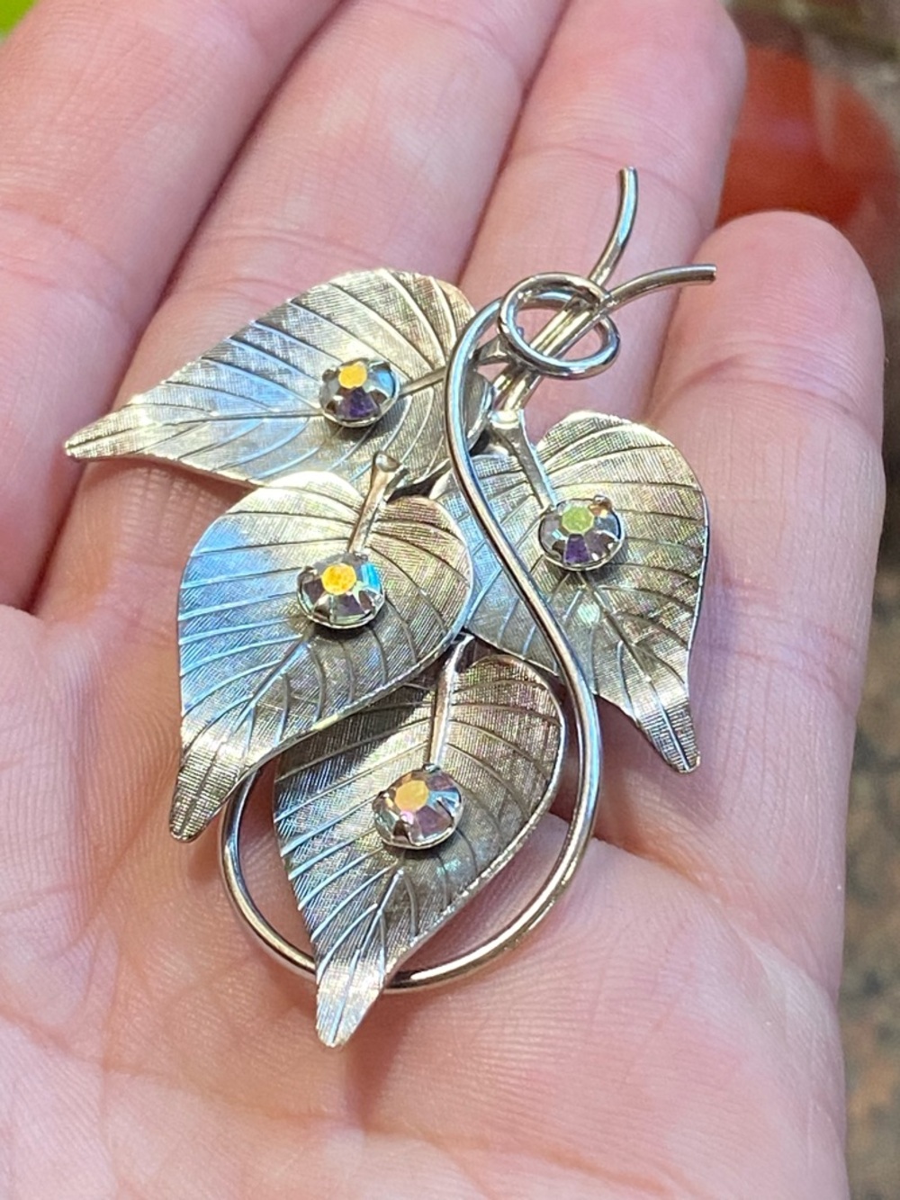 Vintage Leaf Cluster Brooch with Aurora Crystal Accents Bug